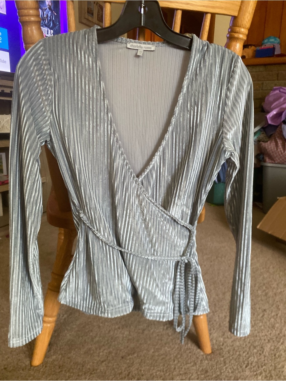 Charlotte Russe Silver Velvet Plisse Functional Wrap Top Shimmer Blouse XS